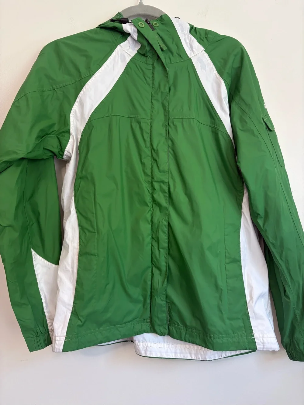 Columbia Women’s Green White Lightweight Hooded Waterproof Nylon Rain Jacket SzM
